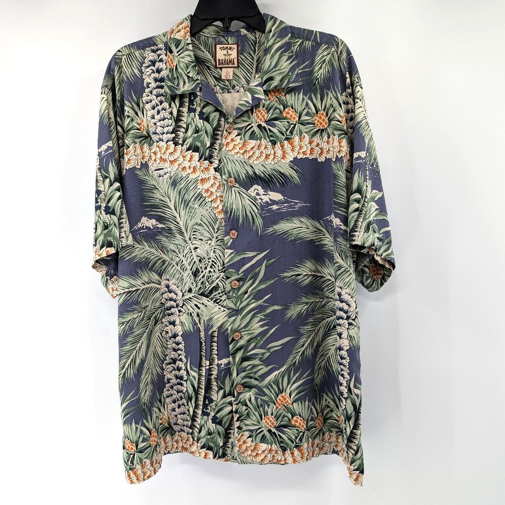 TOMMY BAHAMA Shirt Men's L Multicolor Floral Palm Tree Silk Hawaiian Loop Collar
